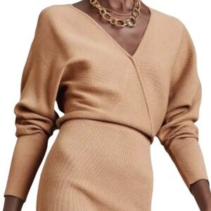 Banana Republic Womens Med Lenzing Ecovero Serene Tan Surplice Sweater Dress NWT